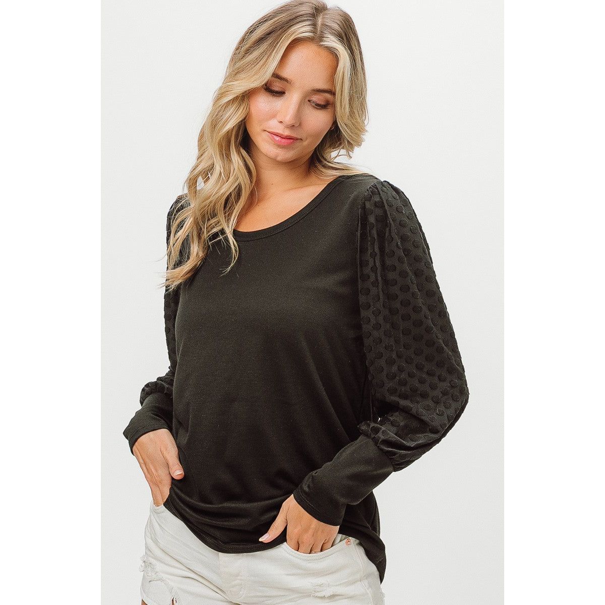 BiBi Round Neck Polka Dot Lantern Sleeve Top