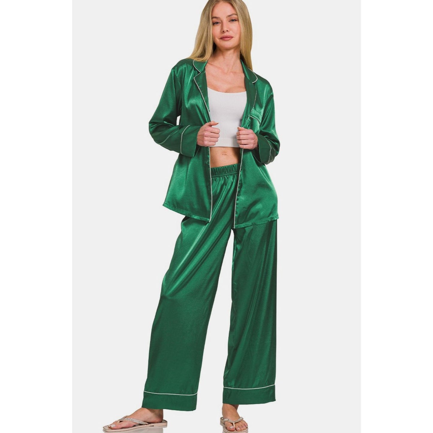 Zenana Satin Long Sleeve Shirt and Pants Pajama Set