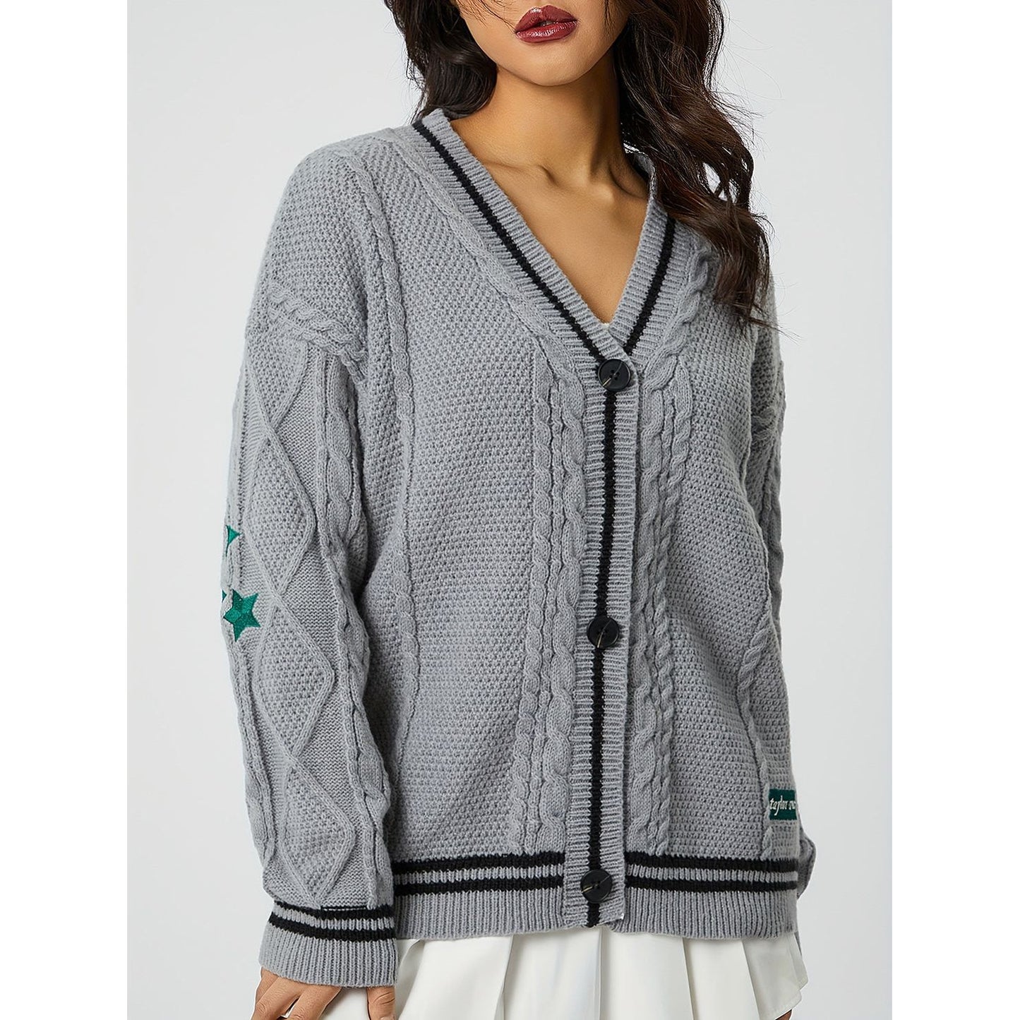 Star Embroidered V-Neck Long Sleeve Cardigan