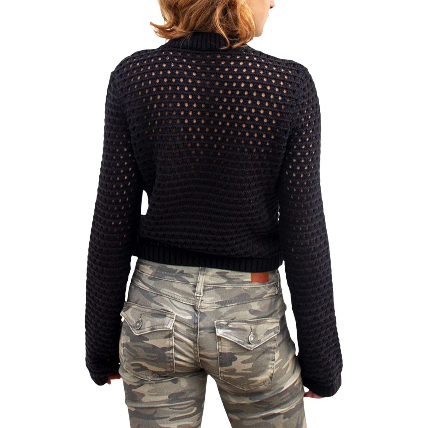 Openwork Round Neck Long Sleeve Knit Top