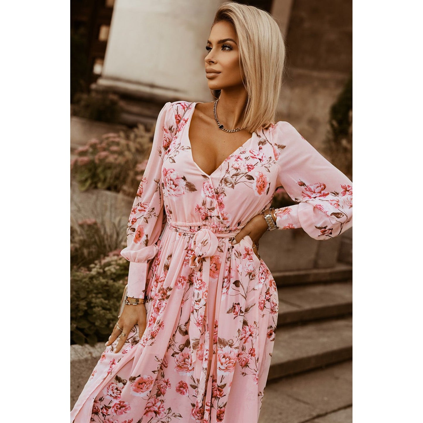 Floral Tie Belt Bishop Sleeve Slit Maxi Dress