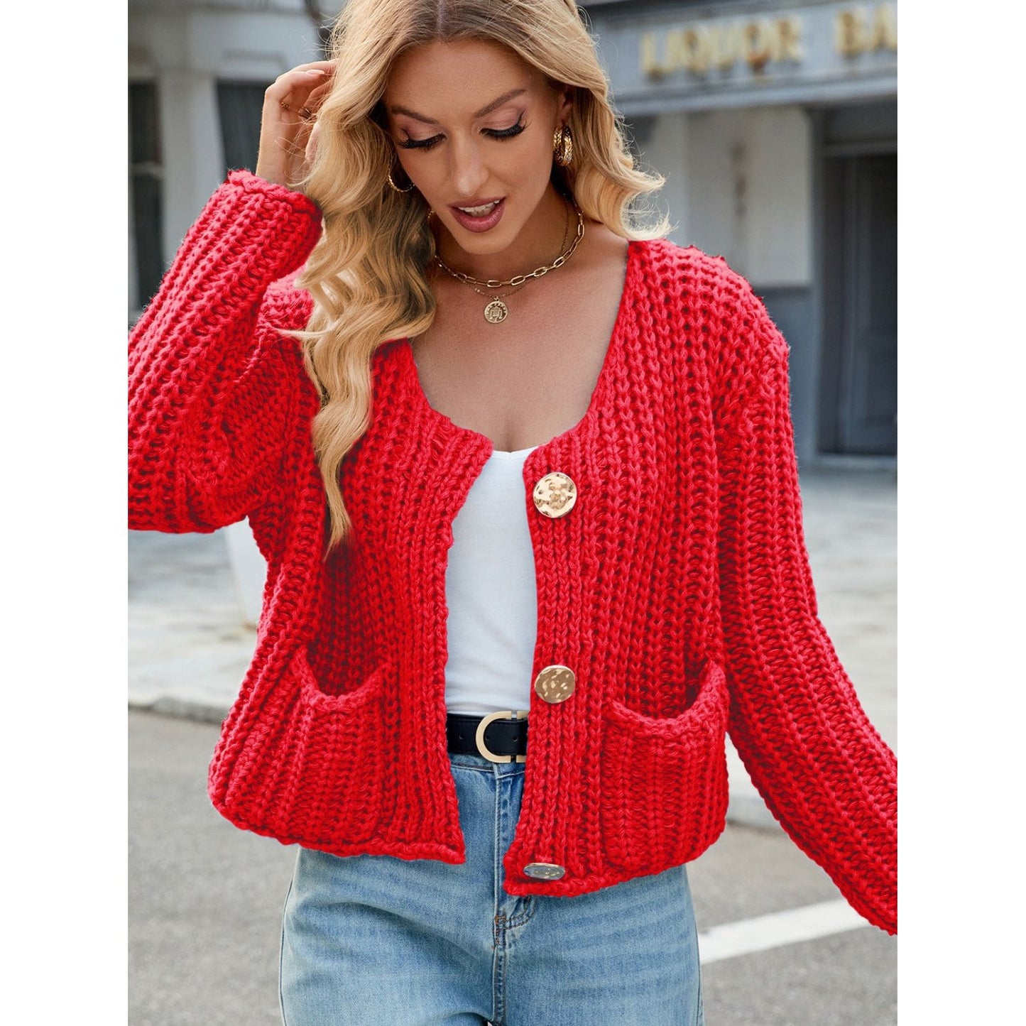 Round Neck Button Up Cardigan with Pockets