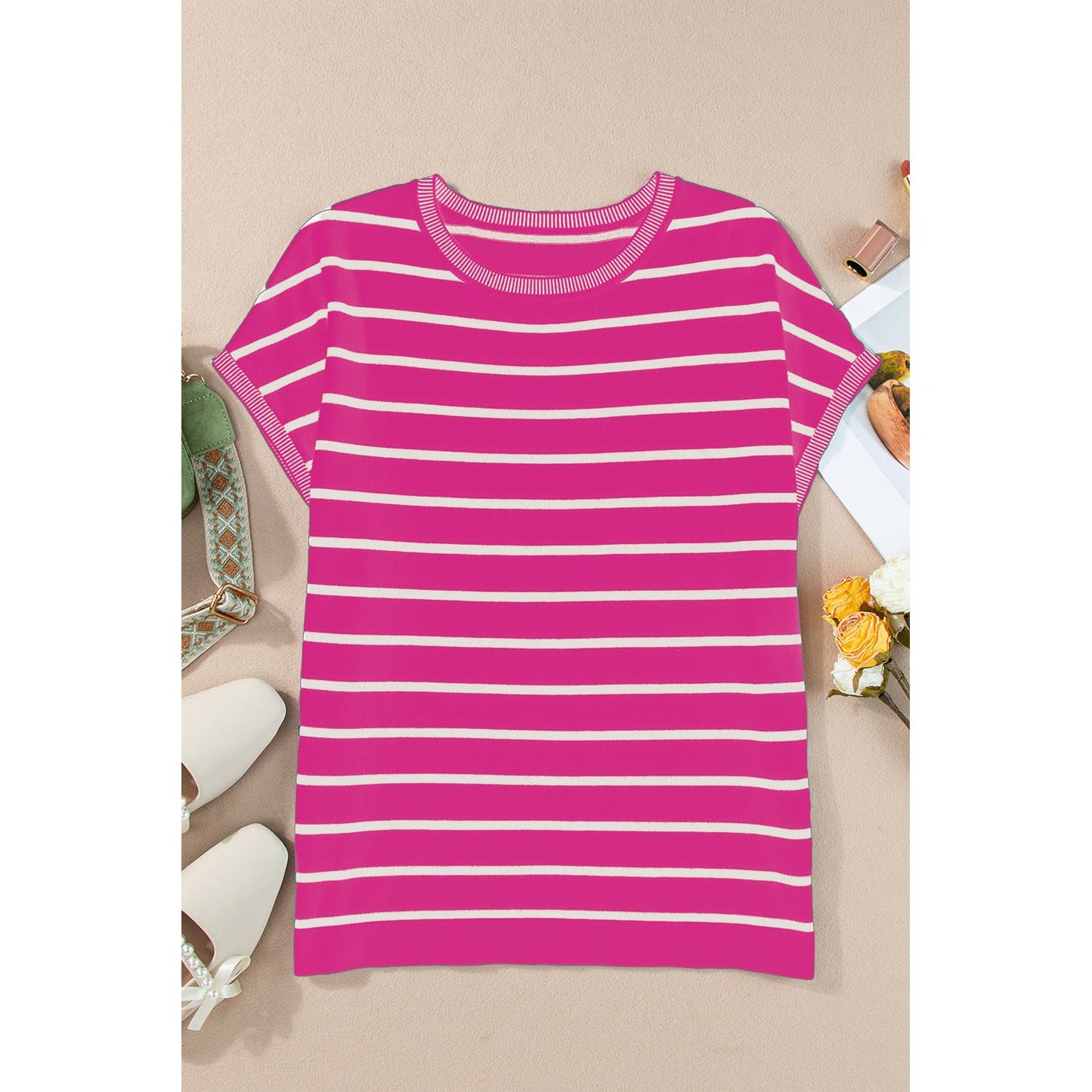 Striped Round Neck Cap Sleeve Knit Top