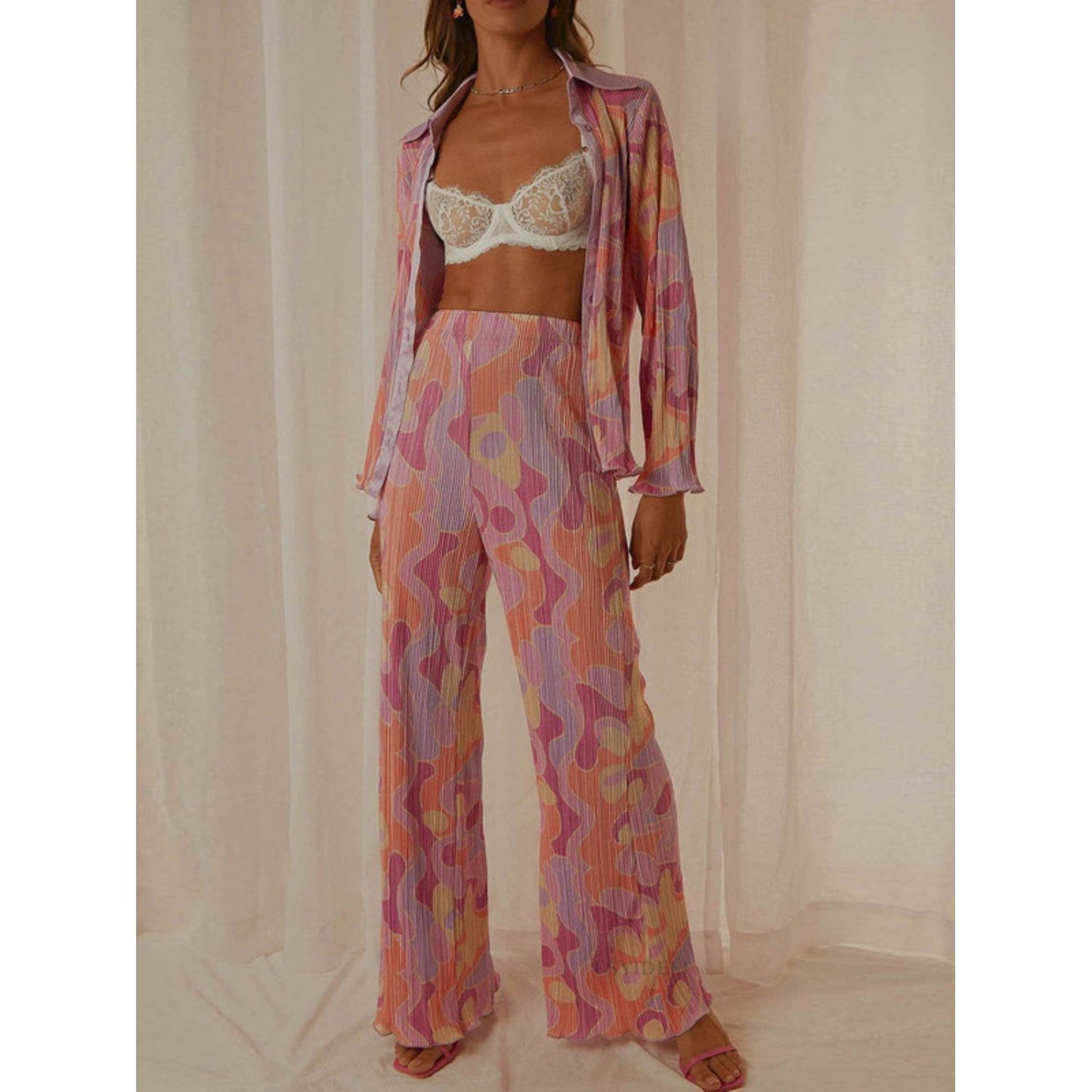 Printed Collared Neck Long Sleeve Top and Pants Lounge Set