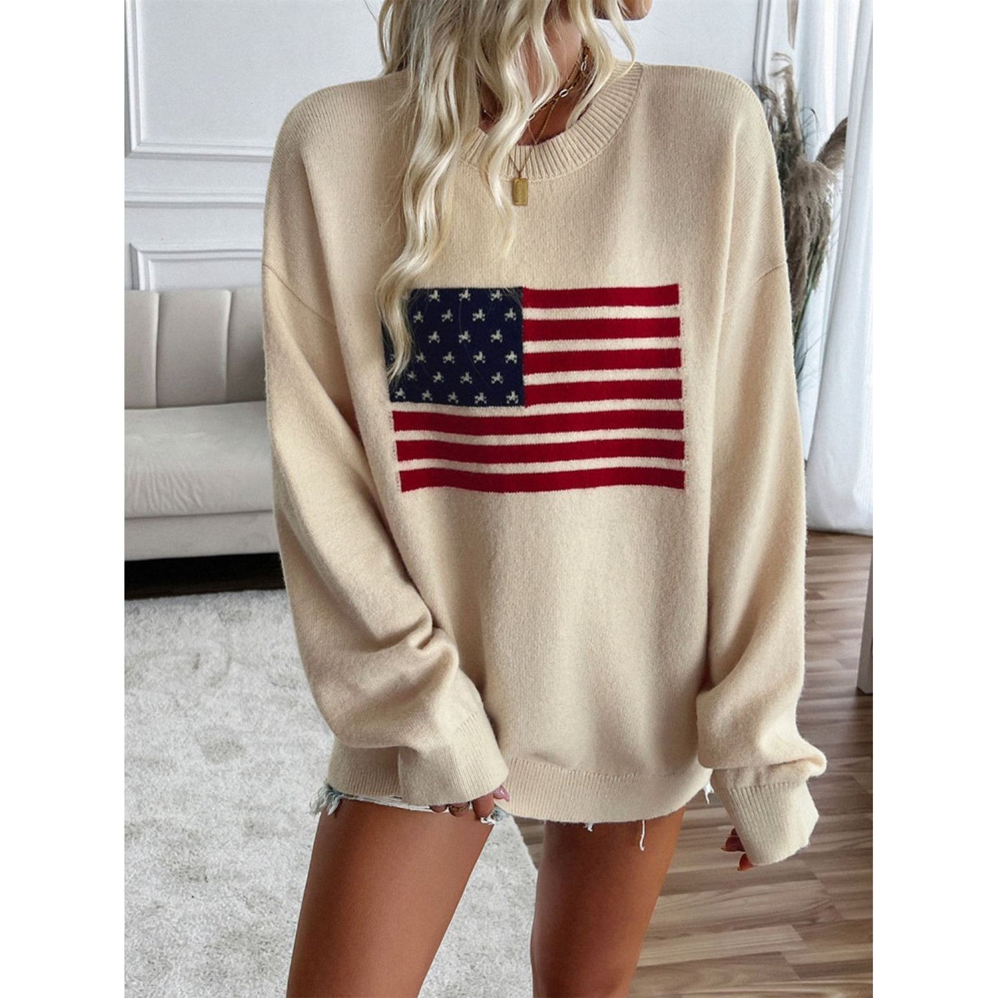 Devine US Flag Round Neck Long Sleeve Knit Top