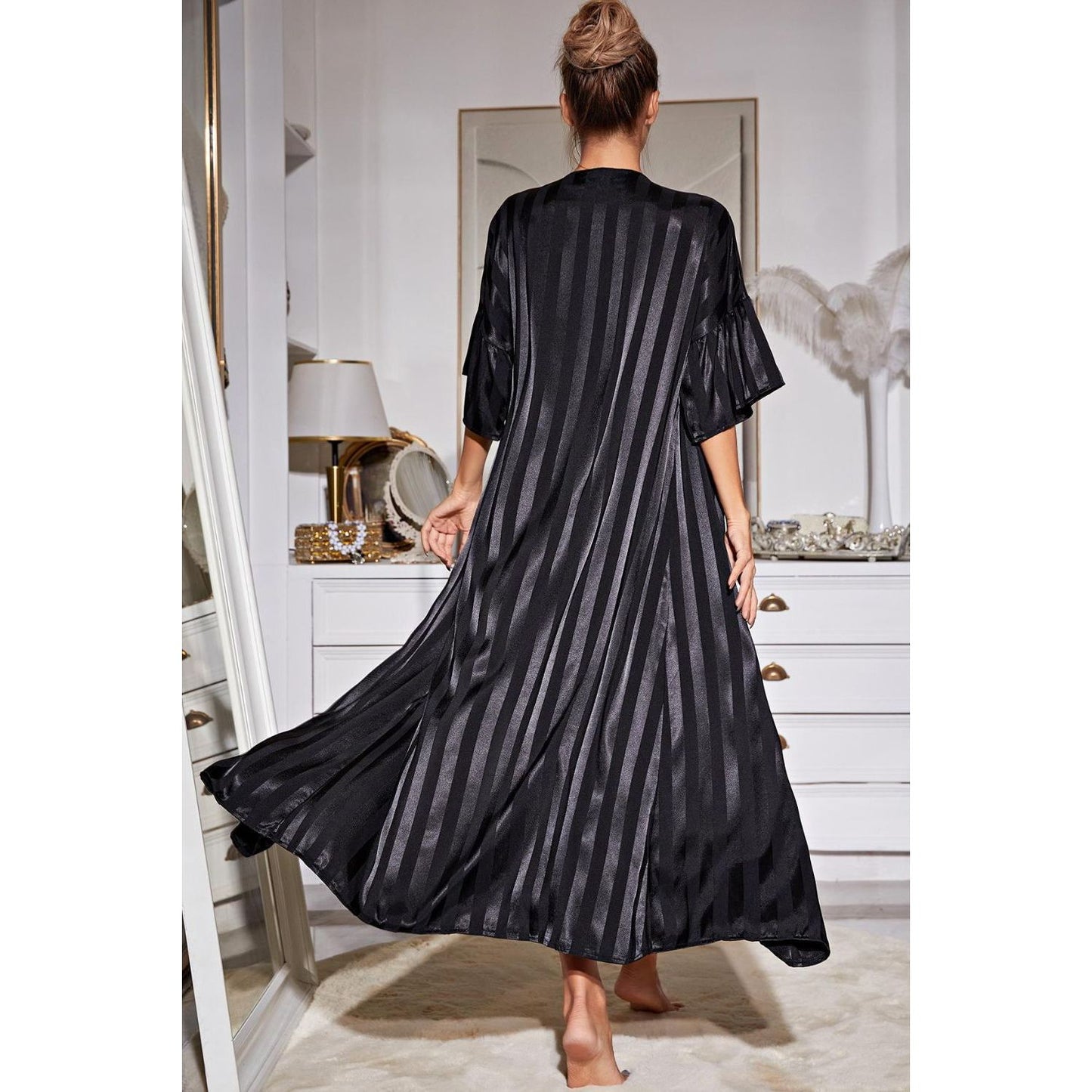 Striped Flounce Sleeve Open Front Robe and Cami Dress Set