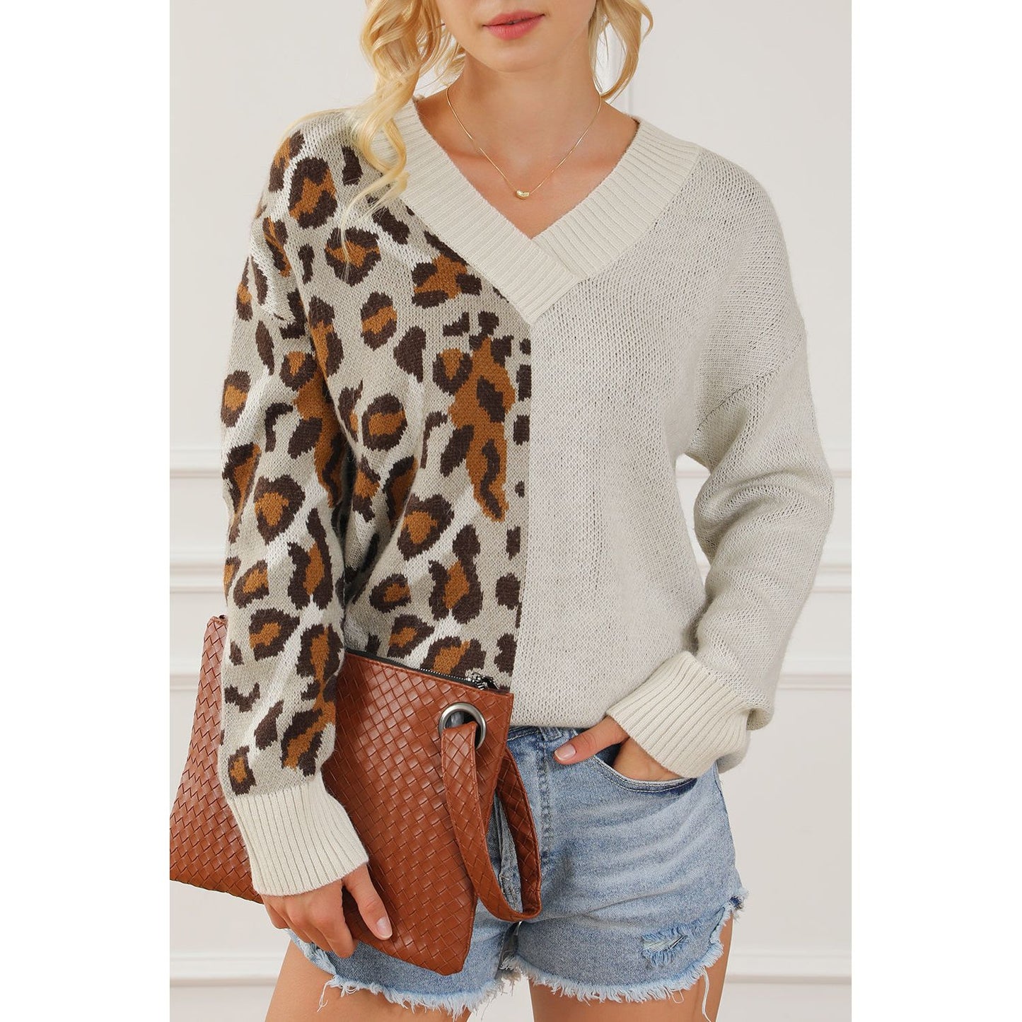 Leopard V Neck Drop Shoulder Sweater