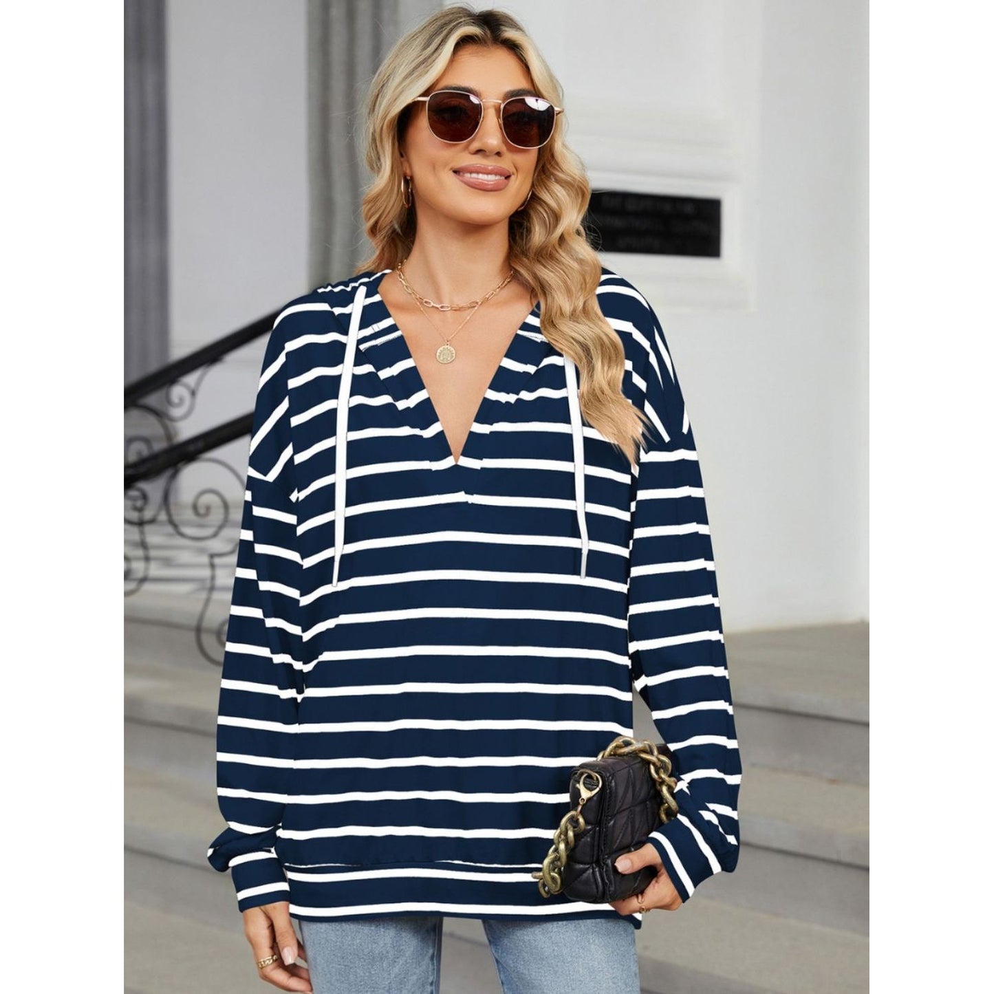 Drawstring Striped Long Sleeve Hoodie