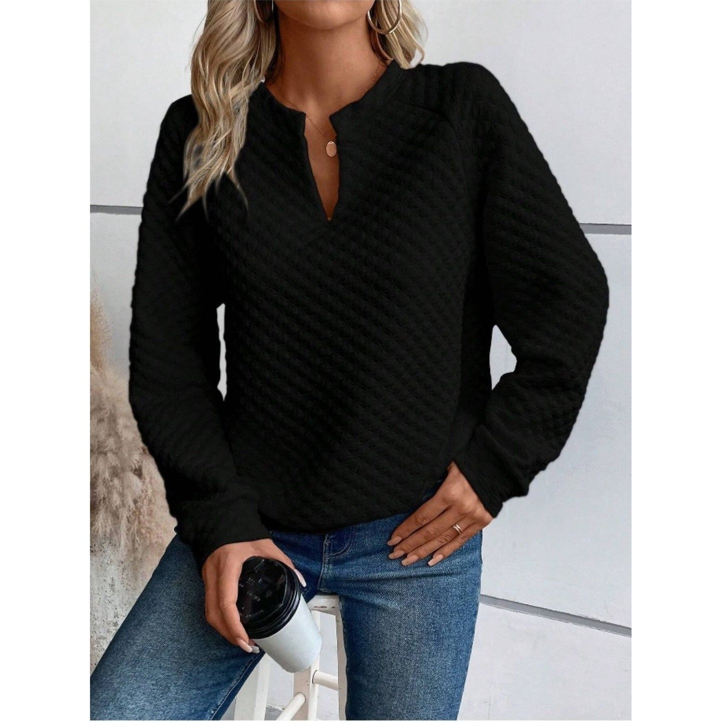 Notched Long Sleeve Sweatshirt