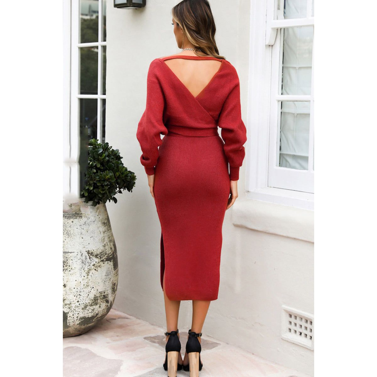 Surplice Neck Bow Waist Slit Sweater Dress