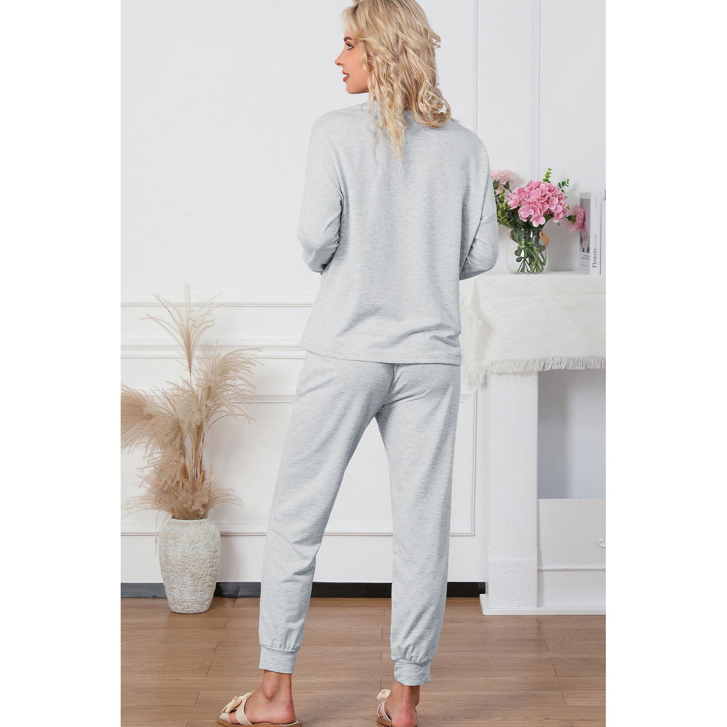 Round Neck Top and Drawstring Pants Lounge Set