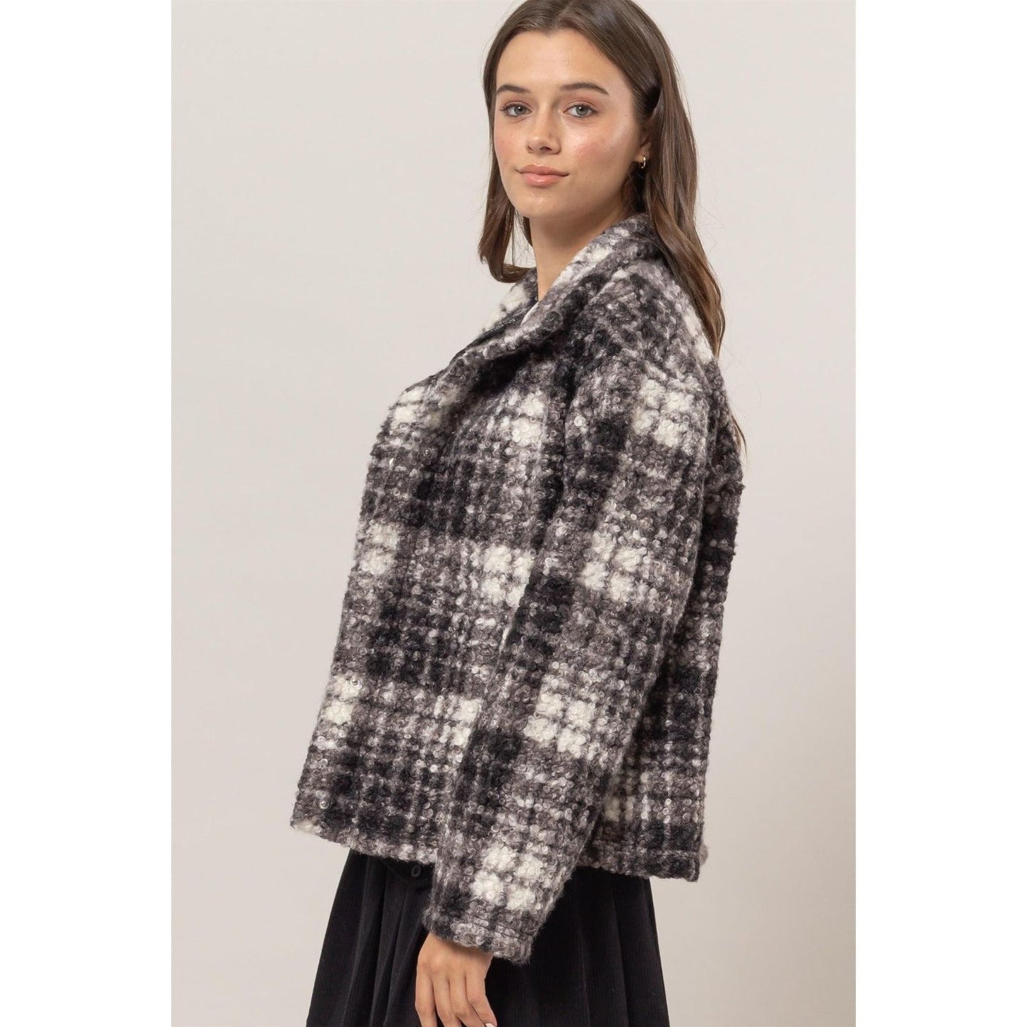 HYFVE Plaid Collared Neck Boucle Jacket with Pockets