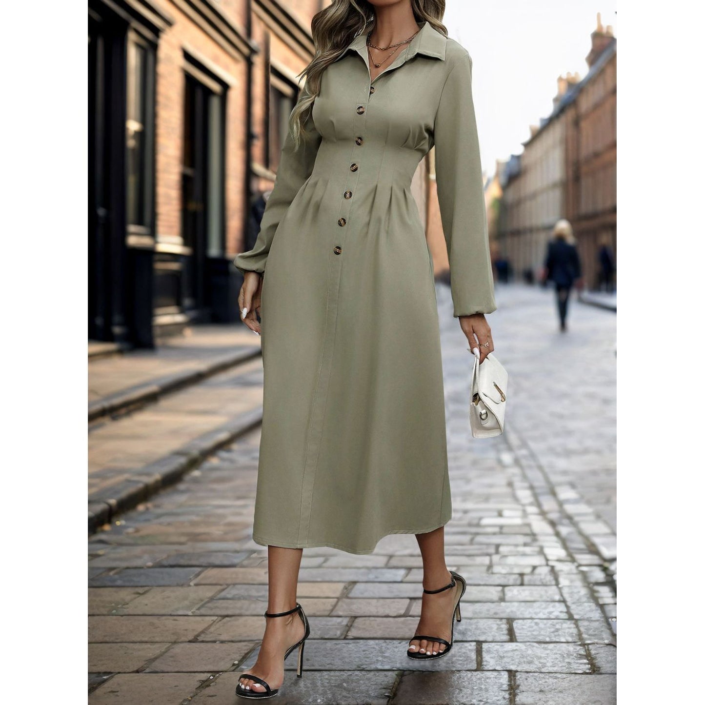 Perfee Smocked Half Button Long Sleeve Dress