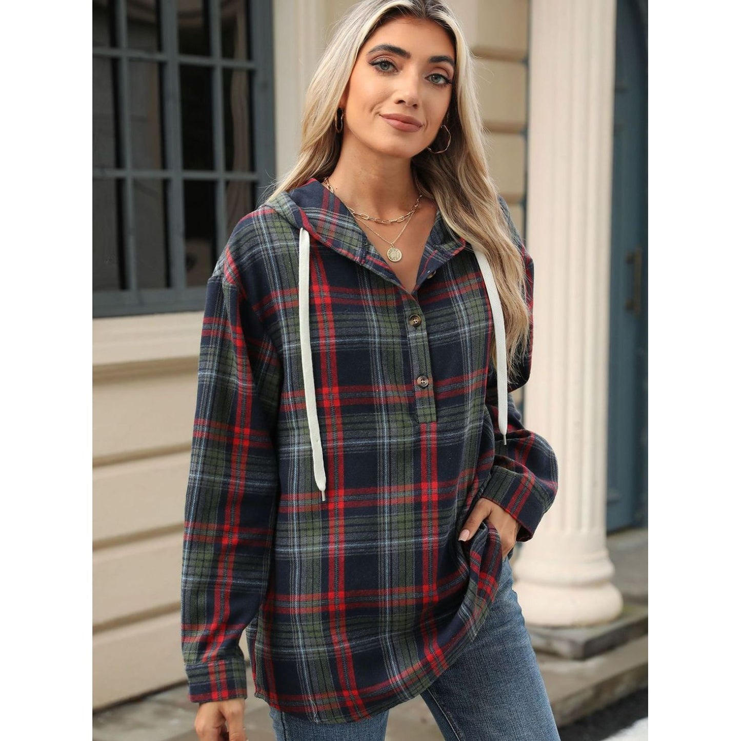 Drawstring Plaid Hooded Long Sleeve Top