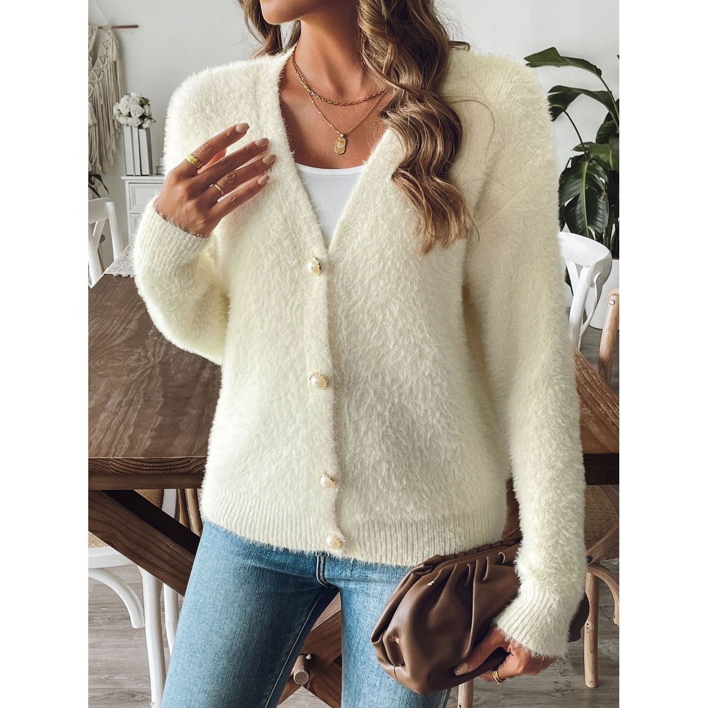 Button Up V-Neck Long Sleeve Cardigan