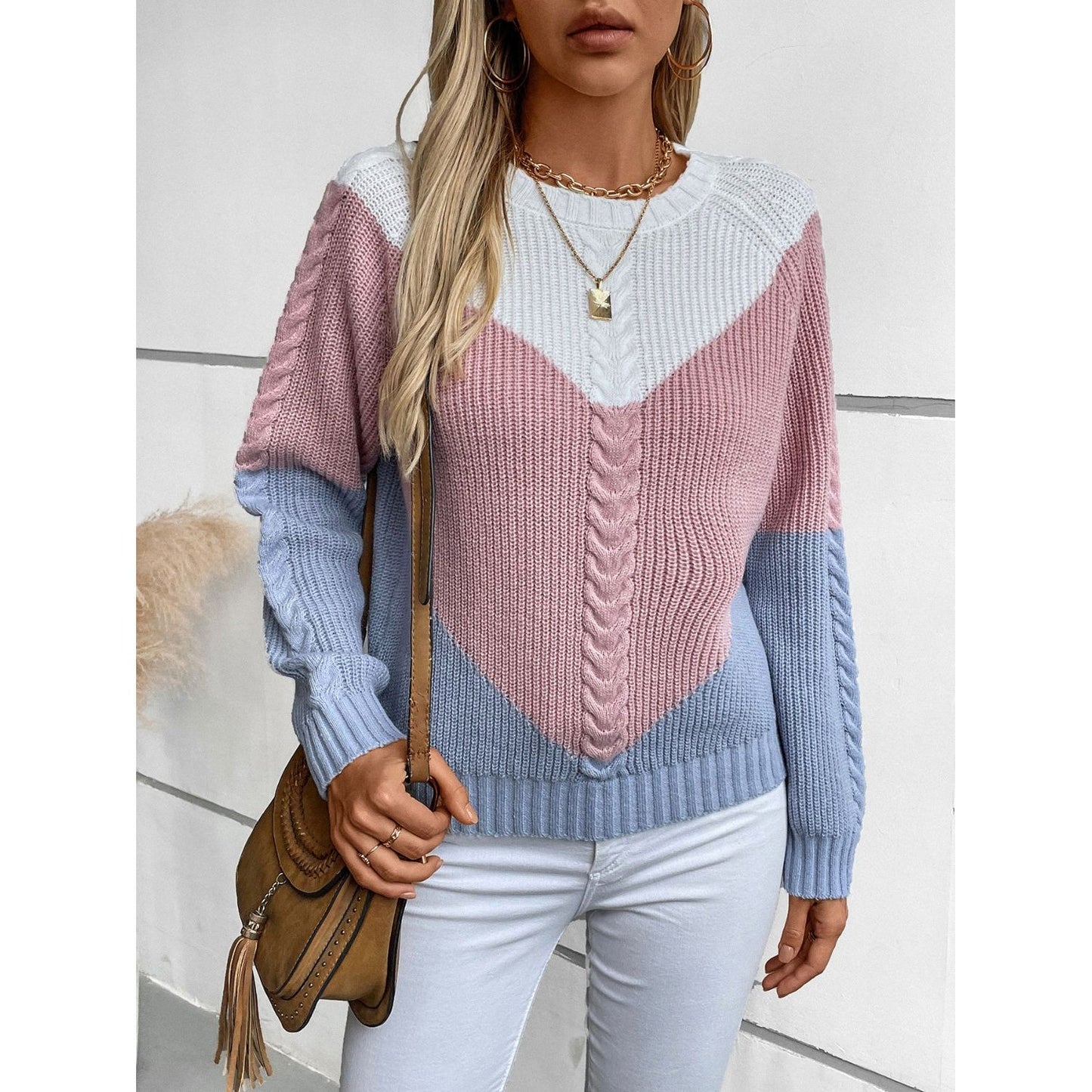 Color Block Round Neck Long Sleeve Sweater