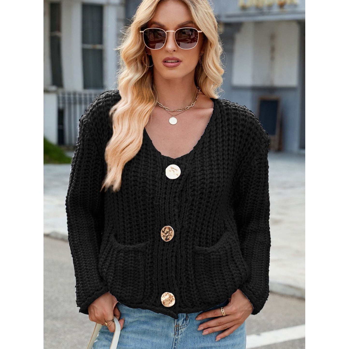 Round Neck Button Up Cardigan with Pockets