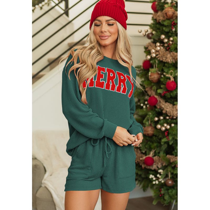 MERRY Round Neck Long Sleeve Top and Shorts Lounge Set