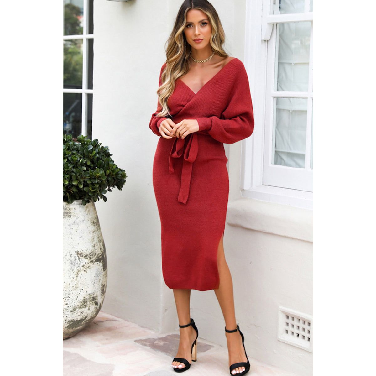 Surplice Neck Bow Waist Slit Sweater Dress