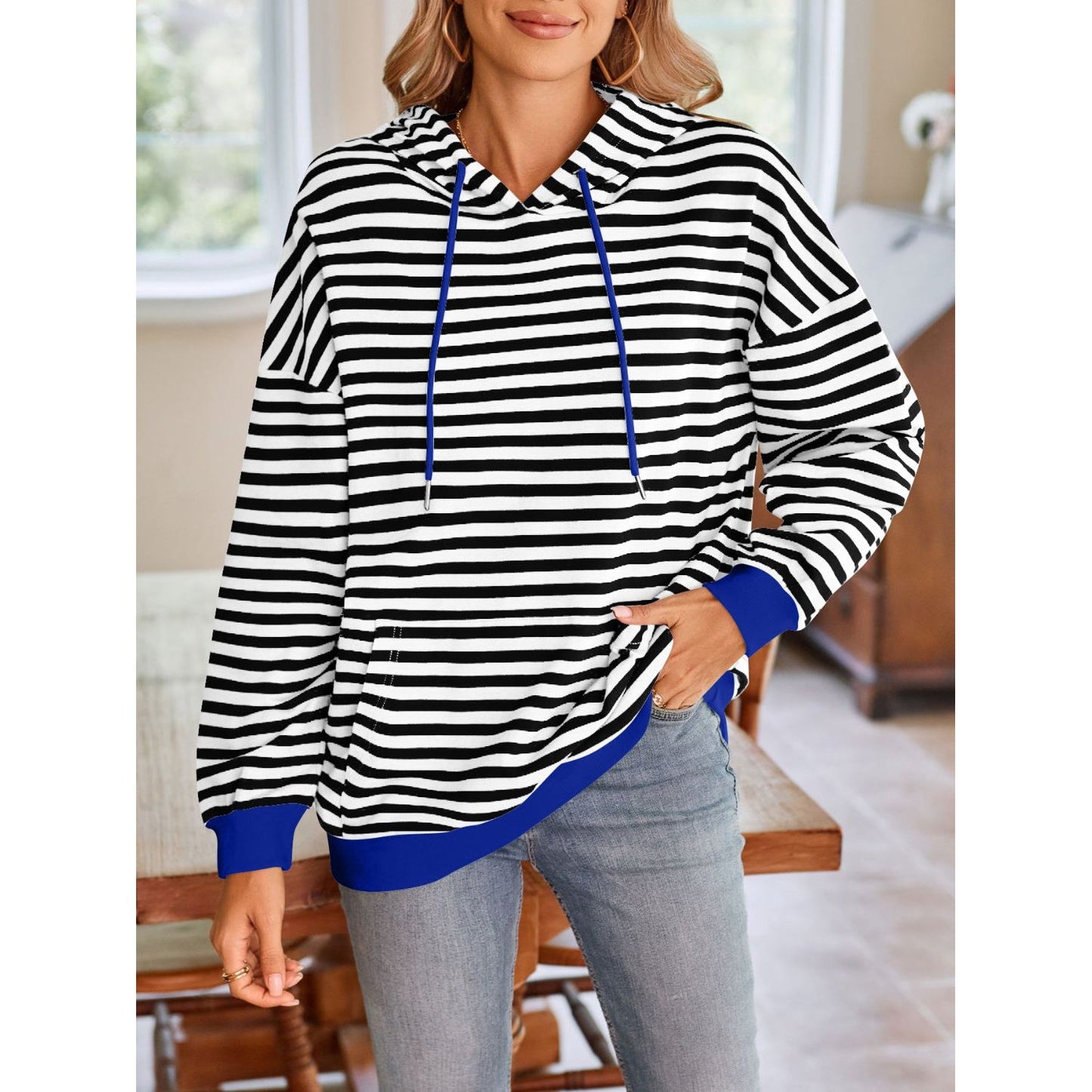 Lovelet Drawstring Striped Long Sleeve Hoodie