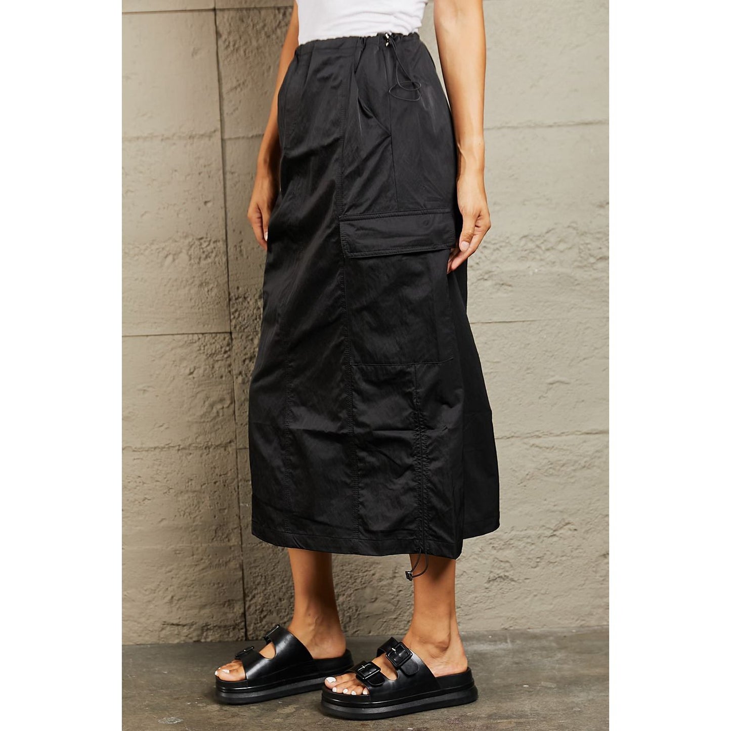 HYFVE Just In Time High Waisted Cargo Midi Skirt in Black