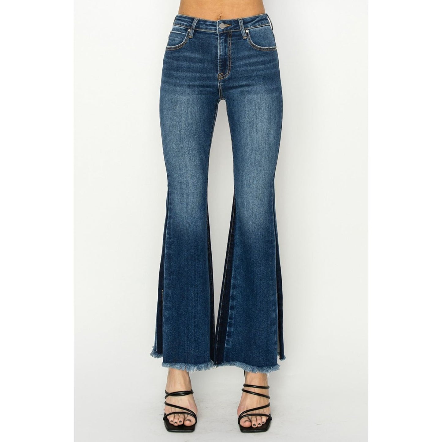 RISEN Full Size High Rise Side Shadow Seam Detail Slit Flare Jeans