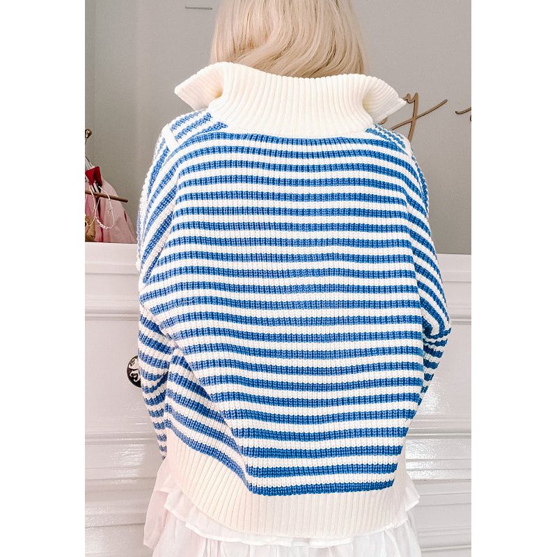 Striped Half Zip Mock Neck Long Sleeve Sweater