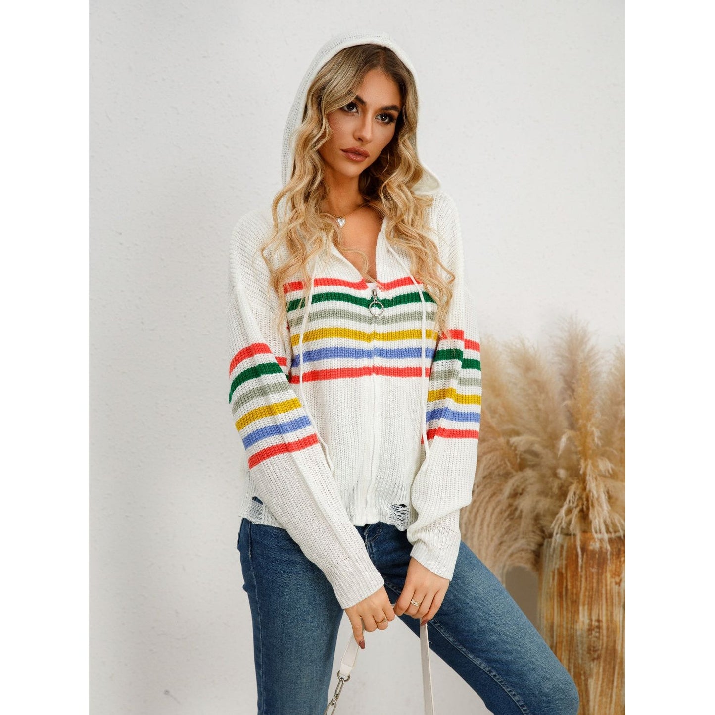 Drawstring Striped Dropped Shoulder Hooded Cardigan