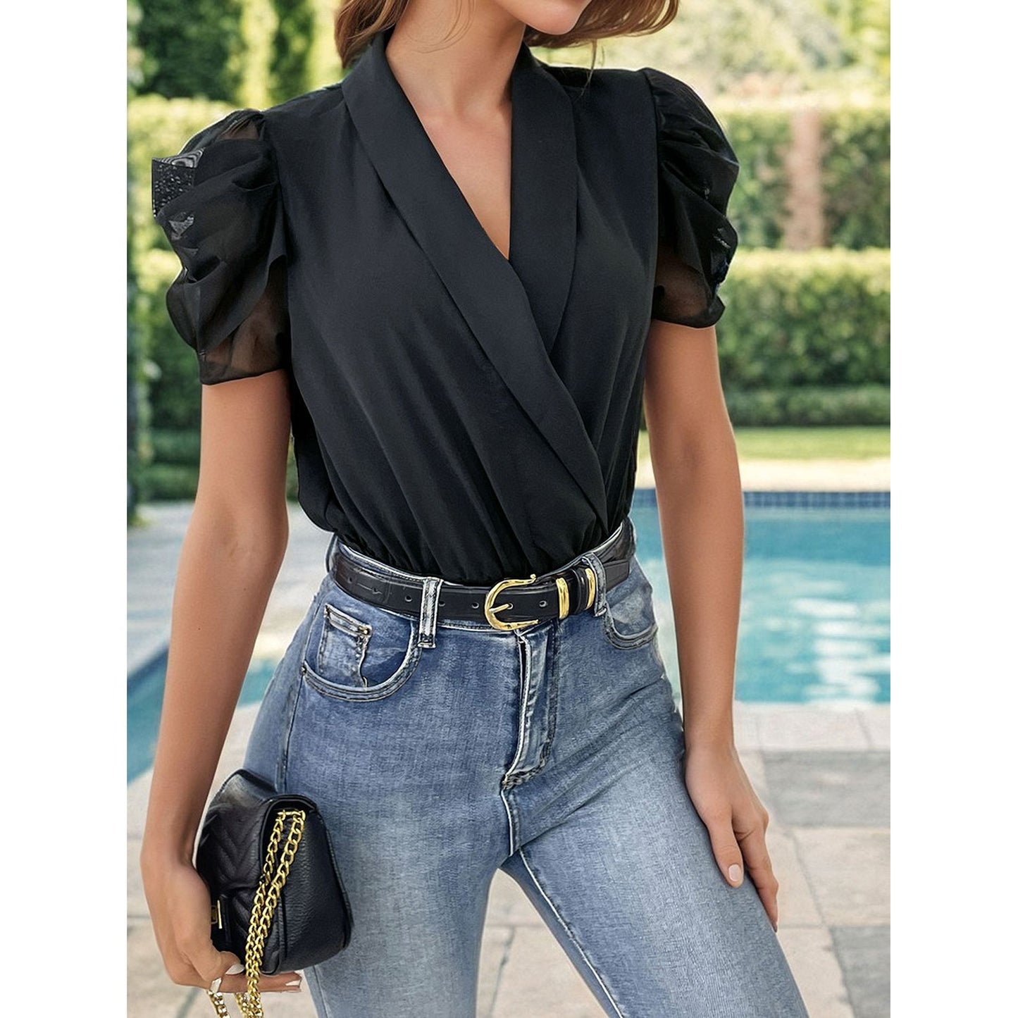 Perfee Surplice Puff Sleeve Bodysuit