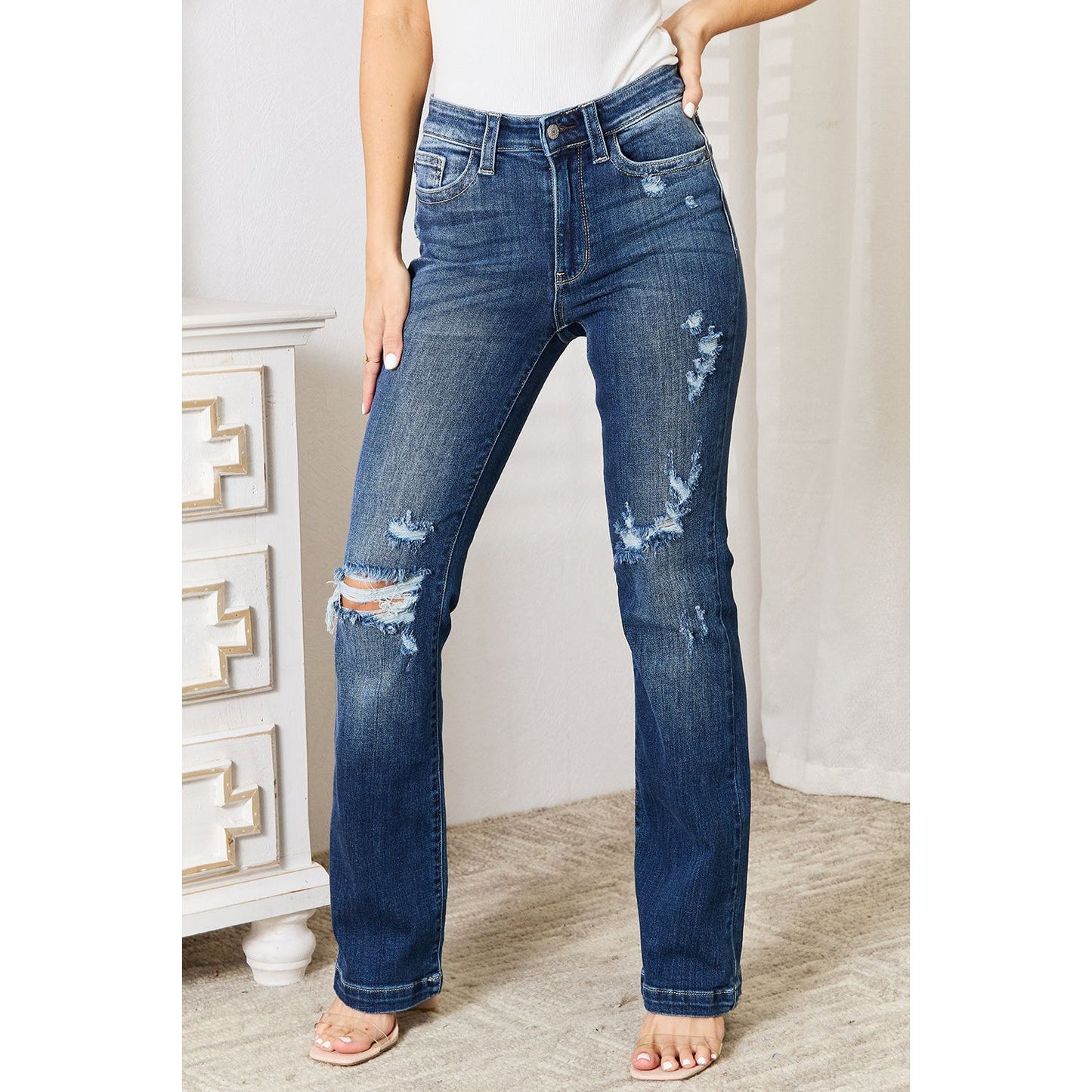 Judy Blue Full Size Mid Rise Hand Sand & Destroy Bootcut Jeans