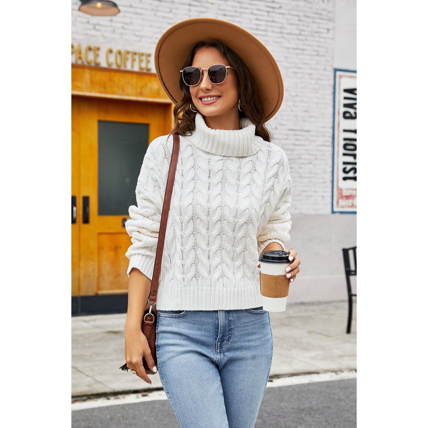 Turtleneck Cable-Knit  Long Sleeve Sweater