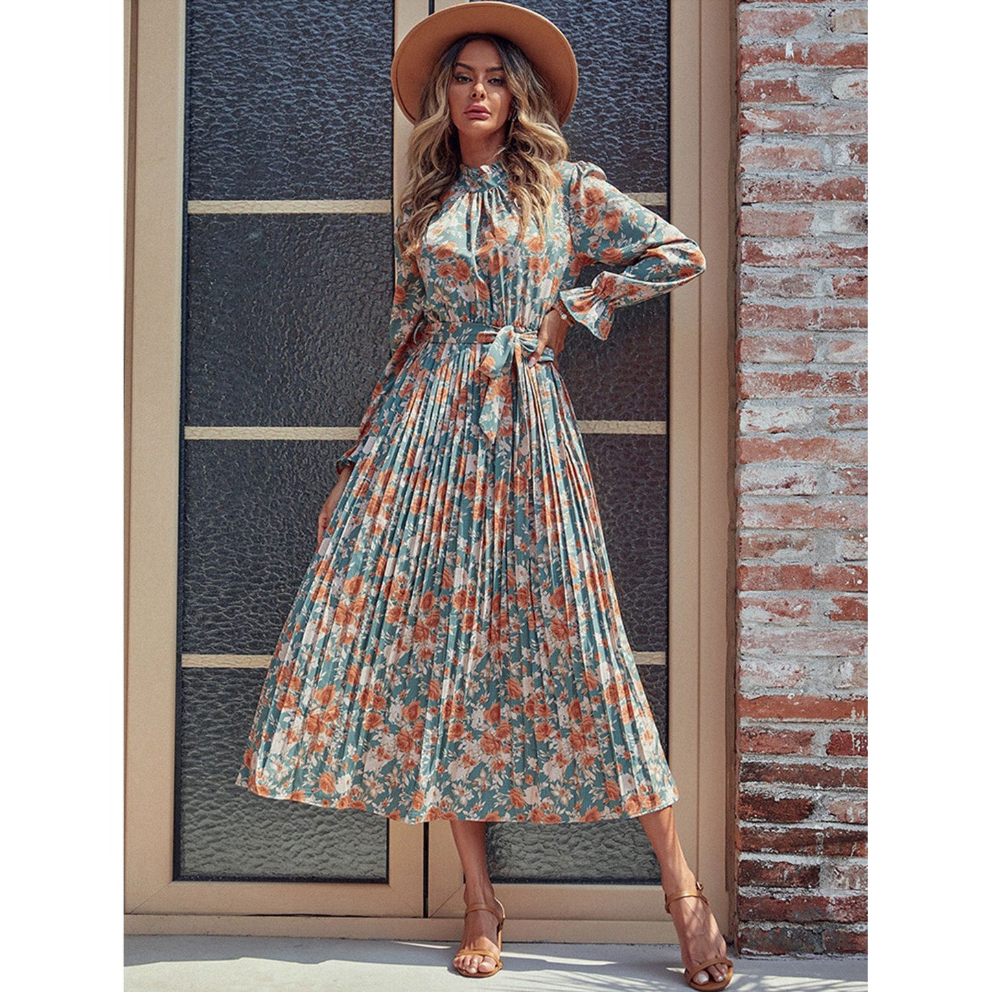 Perfee Tied Pleated Printed Mock Neck Long Sleeve Dress