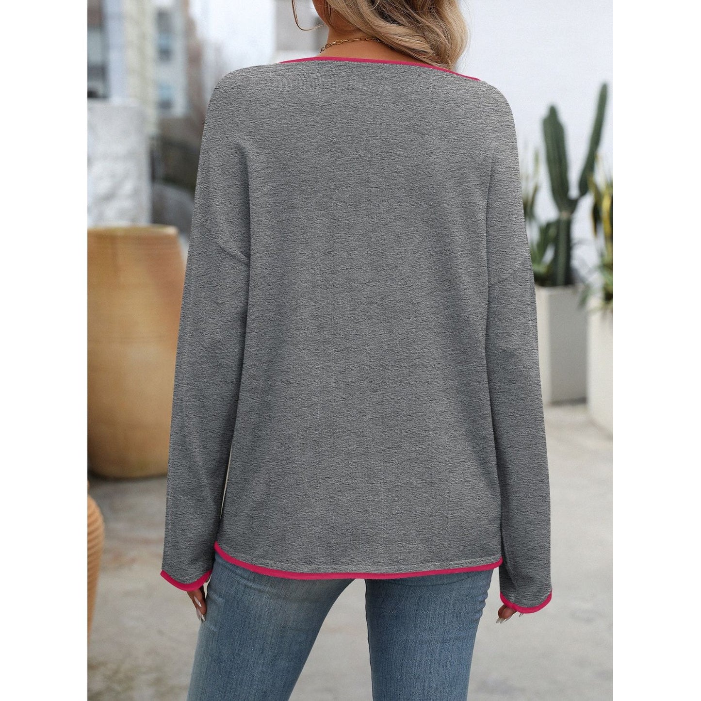 Mandy Contrast Trim Round Neck Long Sleeve Sweater