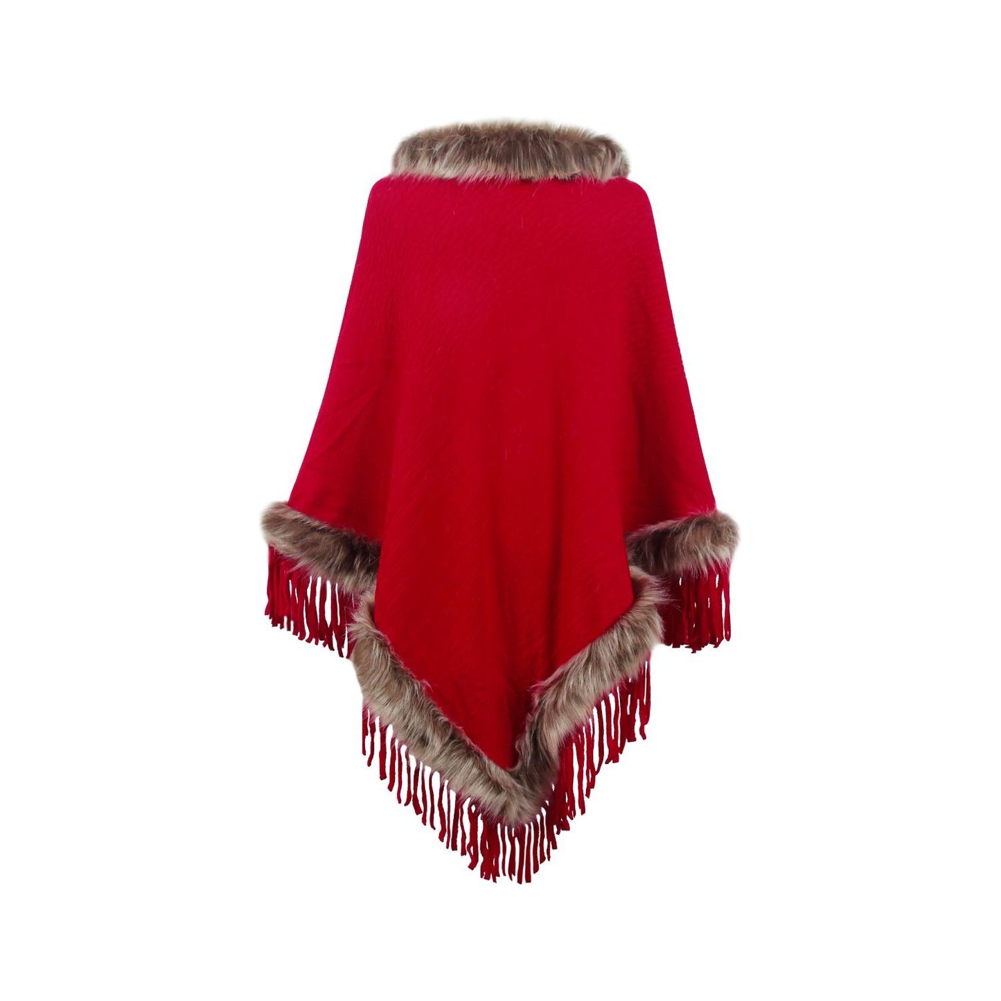 Faux Fur Trim Fringed Poncho