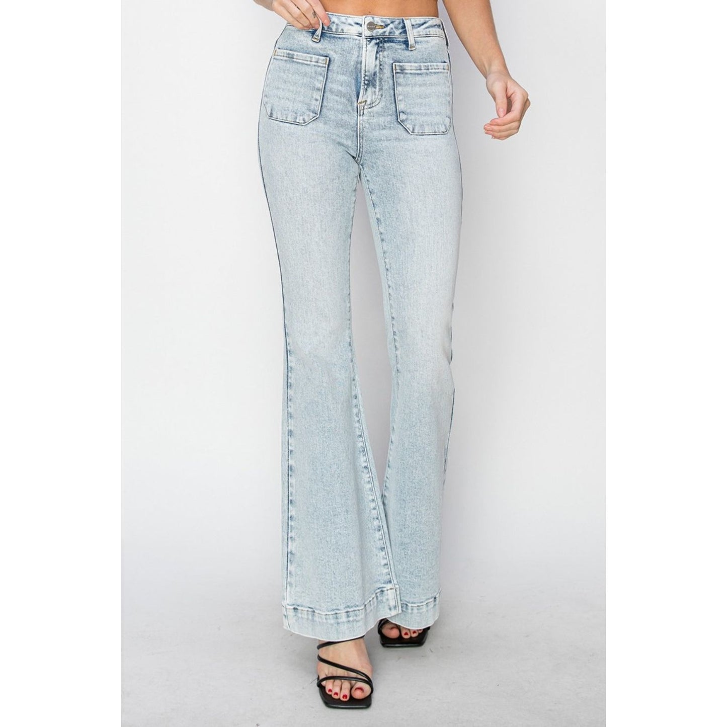 Risen Full Size High Rise Front Patch Pocket Flare Jeans