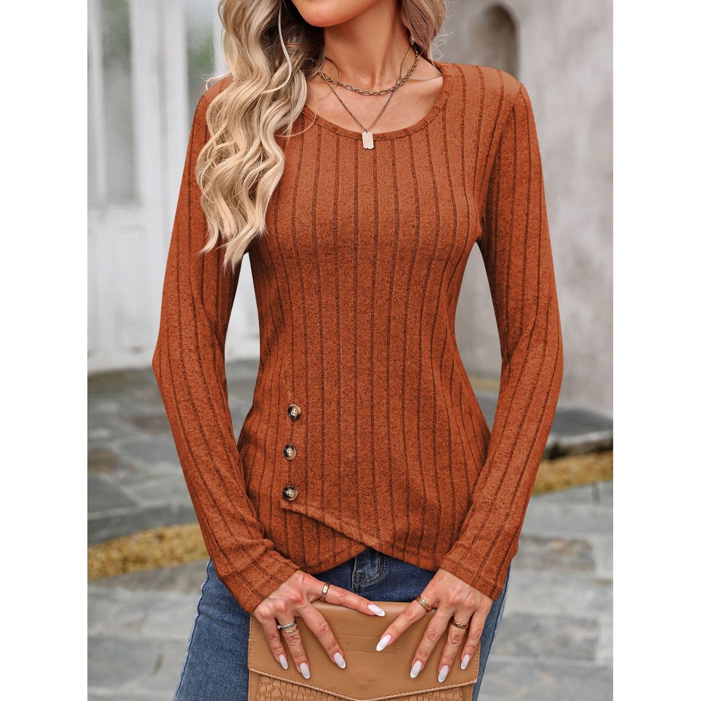 Decorative Button Round Neck Long Sleeve T-Shirt