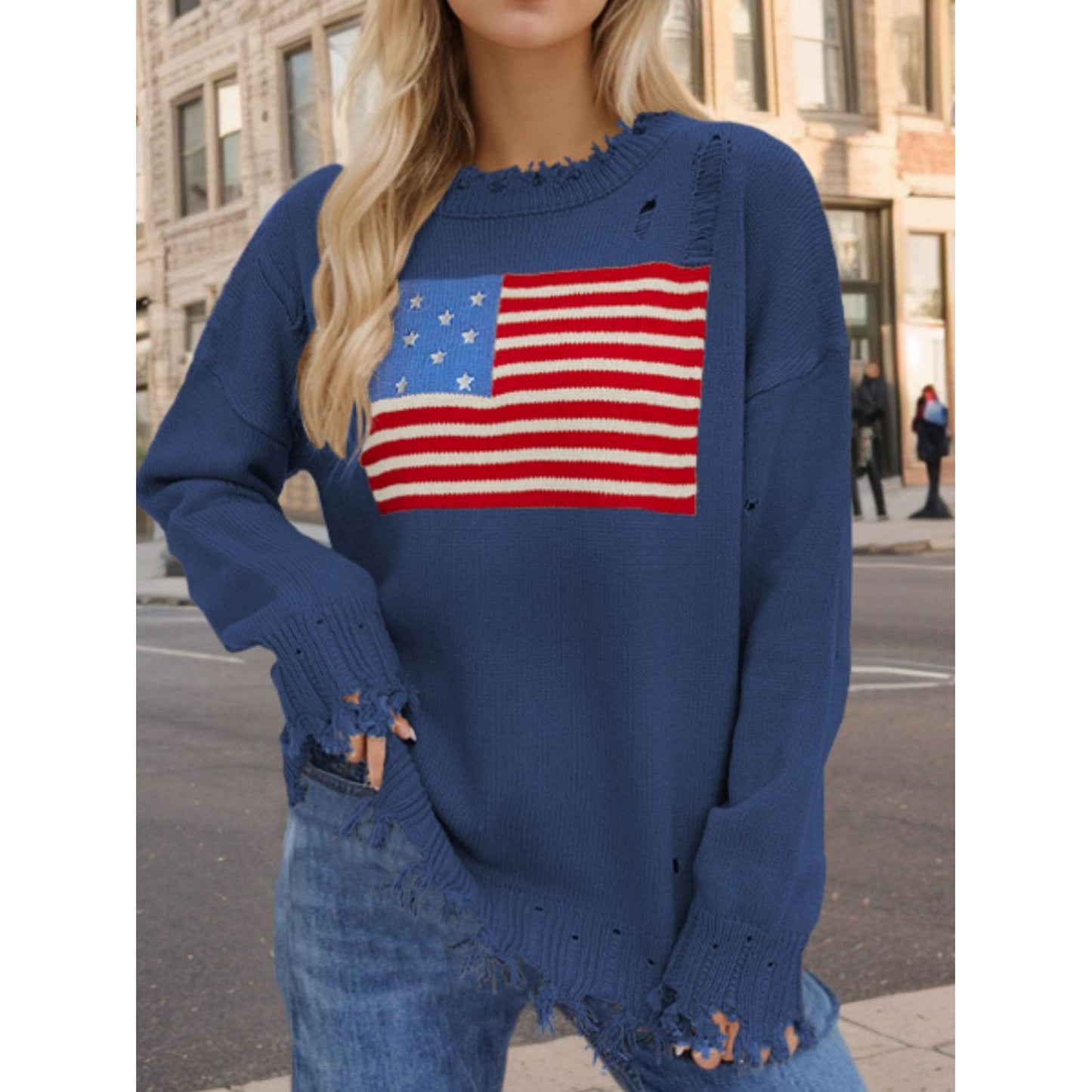 US Flag Distressed Round Neck Long Sleeve Sweater