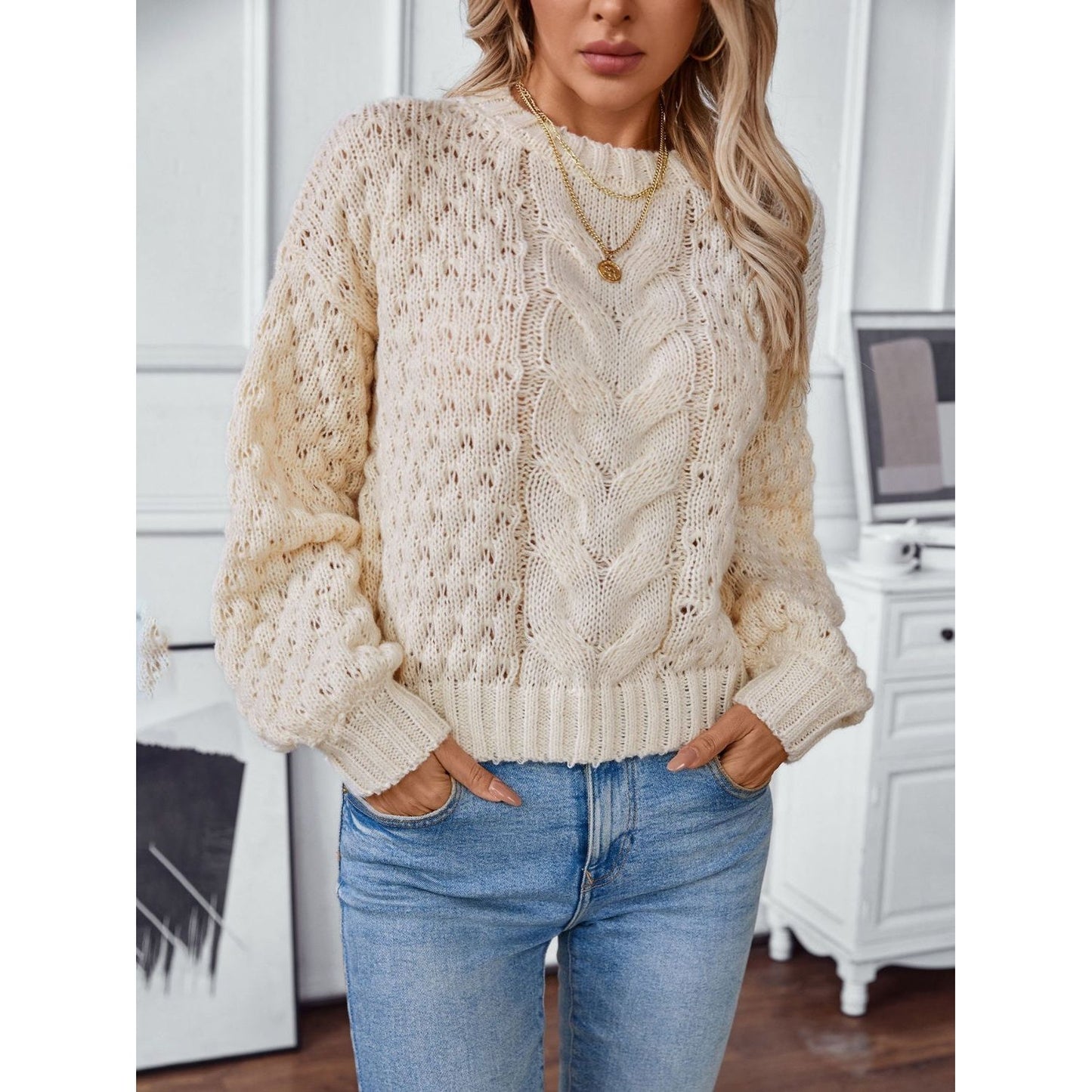 Cable-Knit Round Neck Long Sleeve Sweater