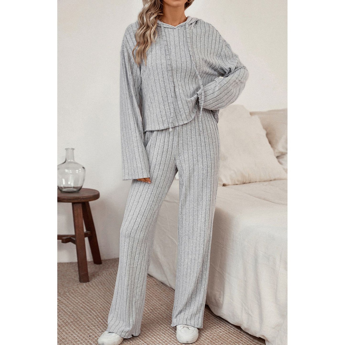 Ribbed Drawstring Hoodie and Pants Lounge Set