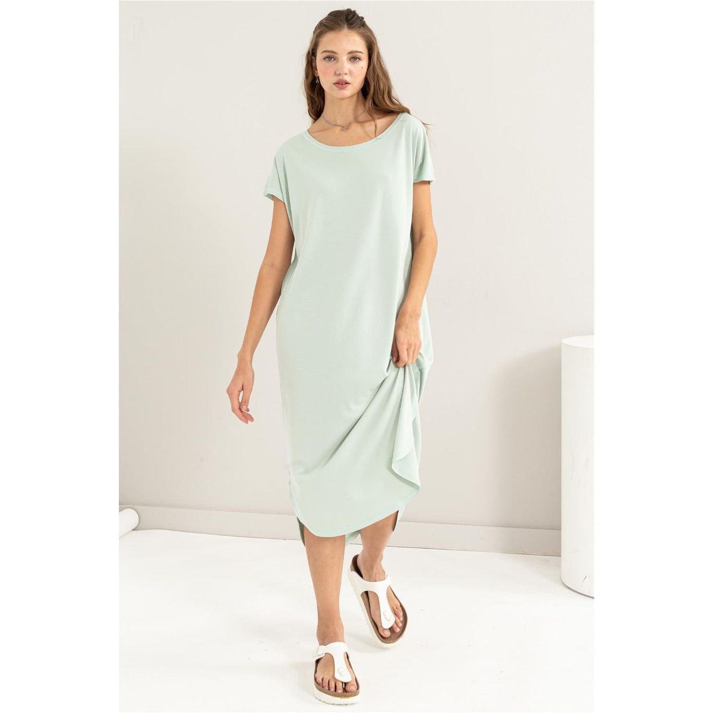 HYFVE Short Sleeve High-Low Slit Midi Dress