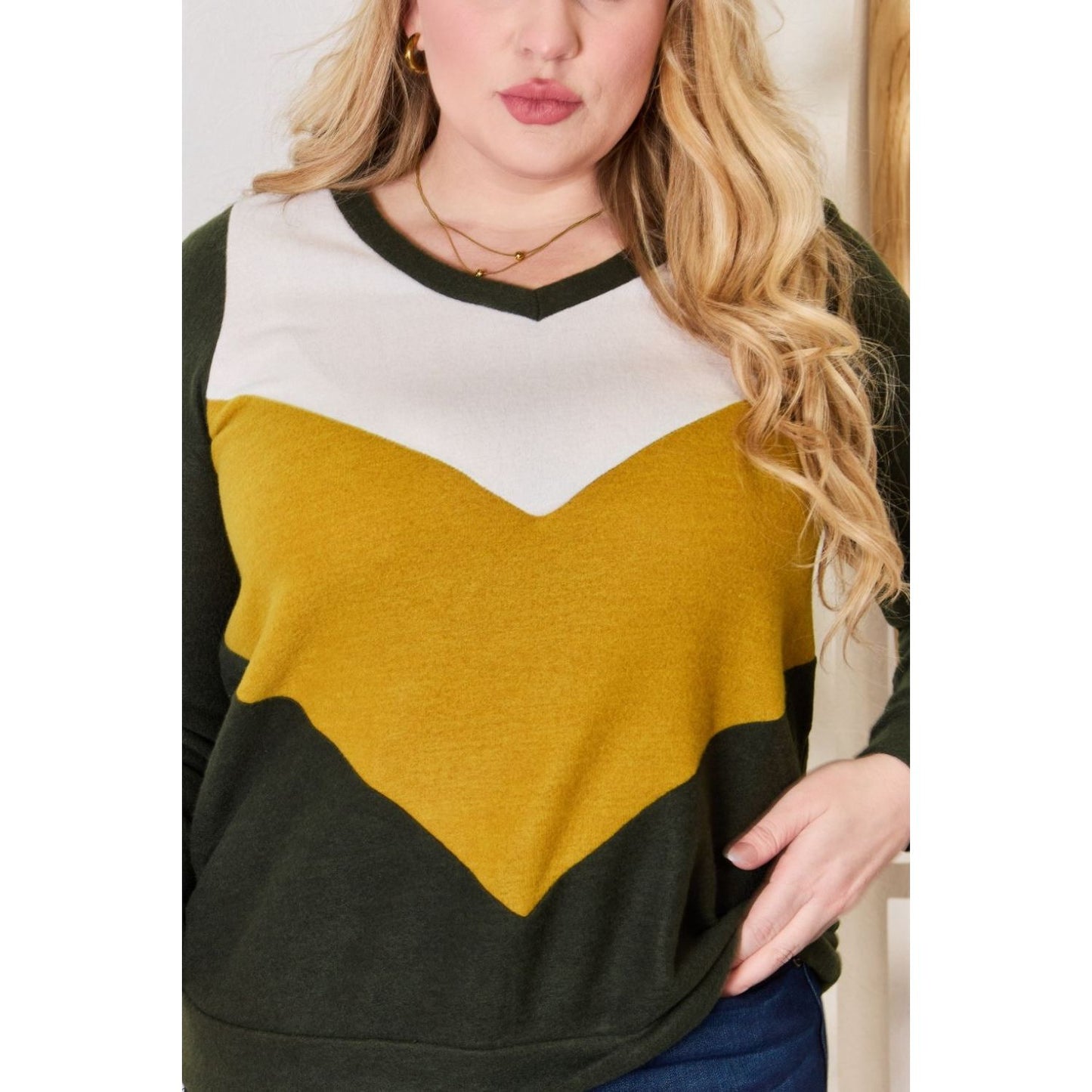 Hailey & Co Full Size Colorblock V-Neck Blouse