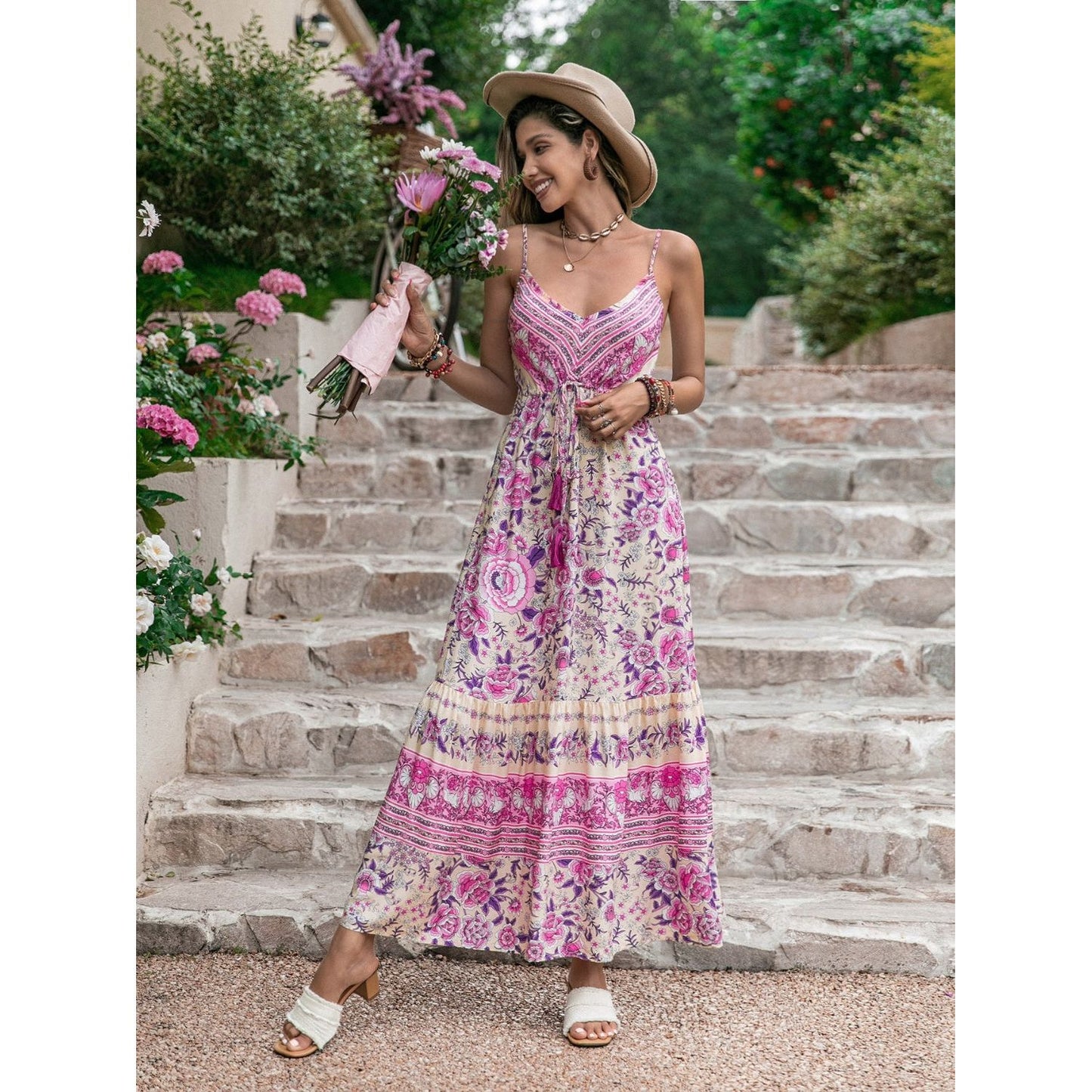 Tassel Printed V-Neck Maxi Dress