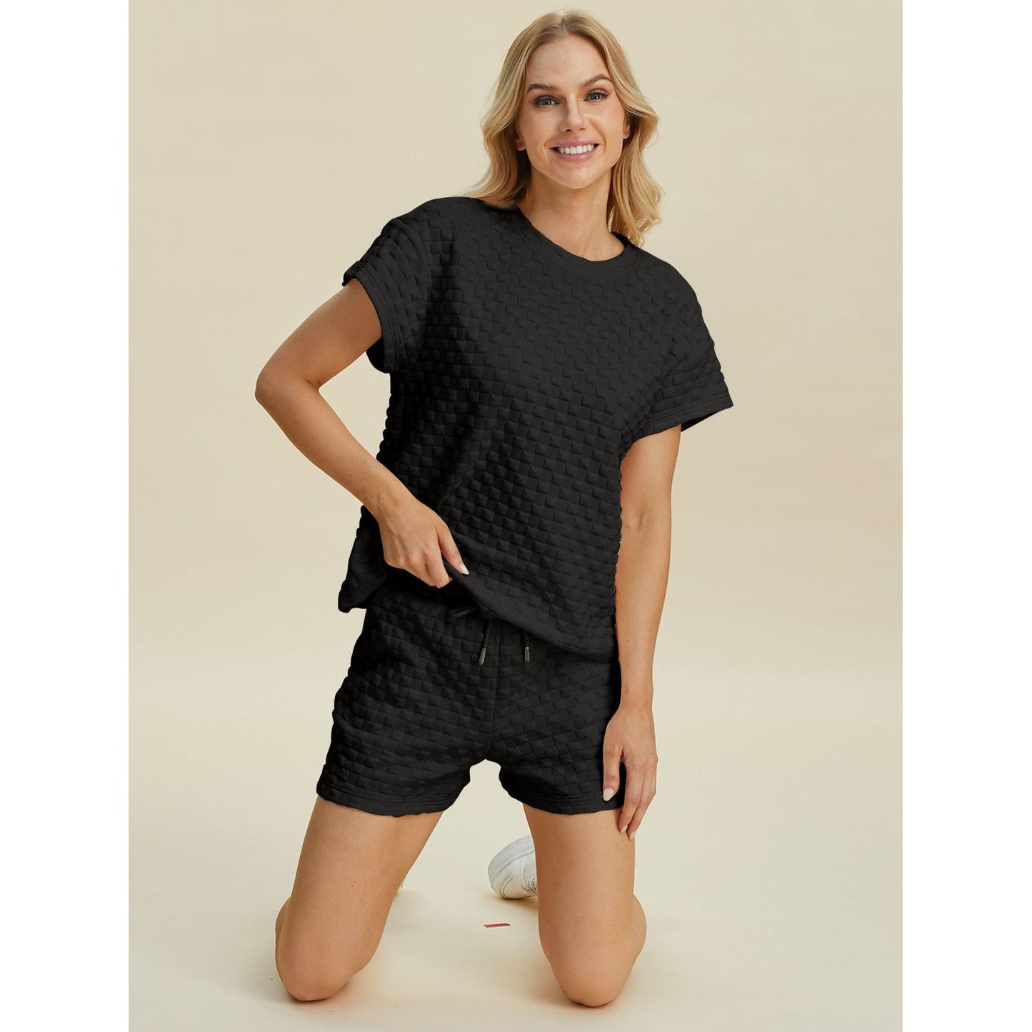 Double Take Full Size Texture T-Shirt and Shorts Set