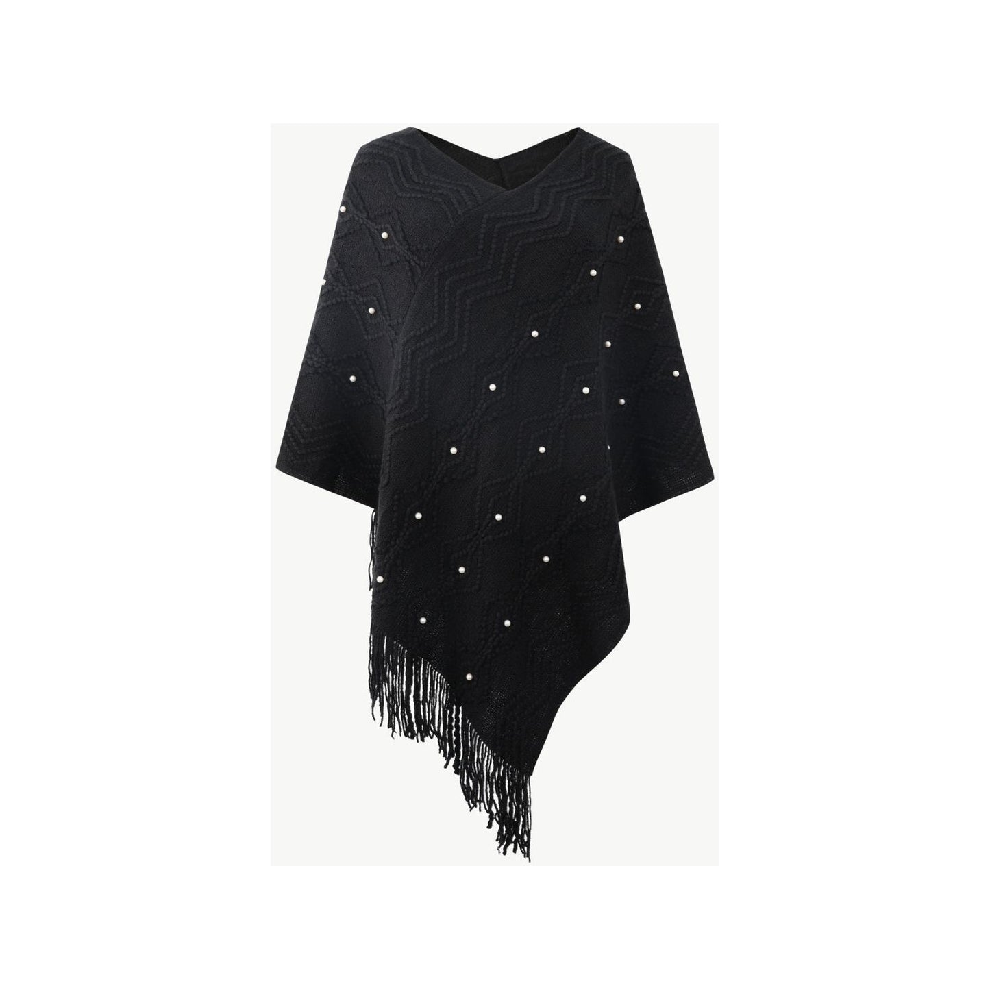 Pearl Trim V-Neck Fringe Hem Poncho