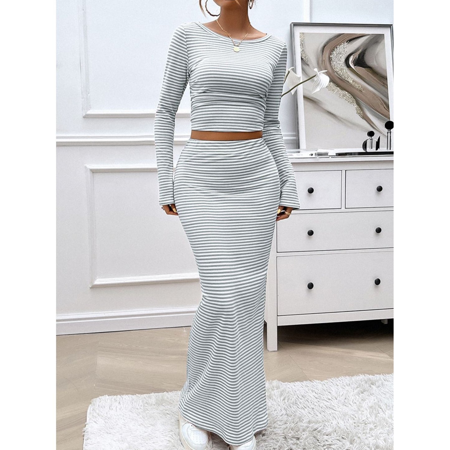 Devine Striped Boat Neck Top and Skirt Set