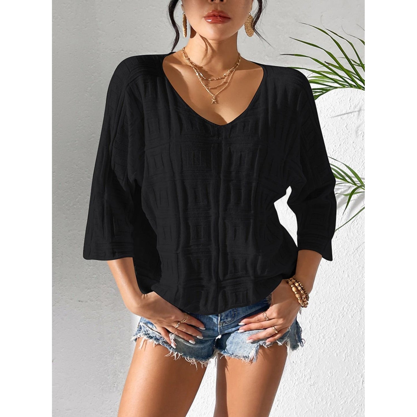 V-Neck Three-Quarter Sleeve Knit Top