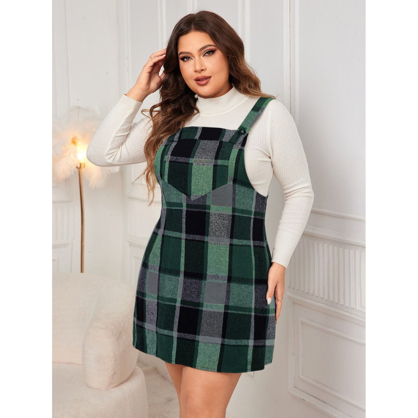 Honey Plus Size Plaid Wide Strap Overall Dress