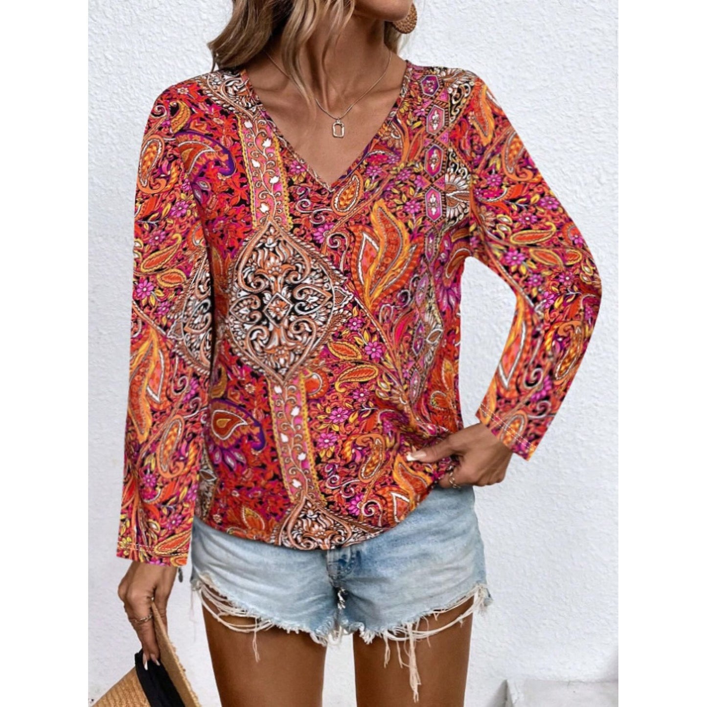 Printed V-Neck Long Sleeve Blouse