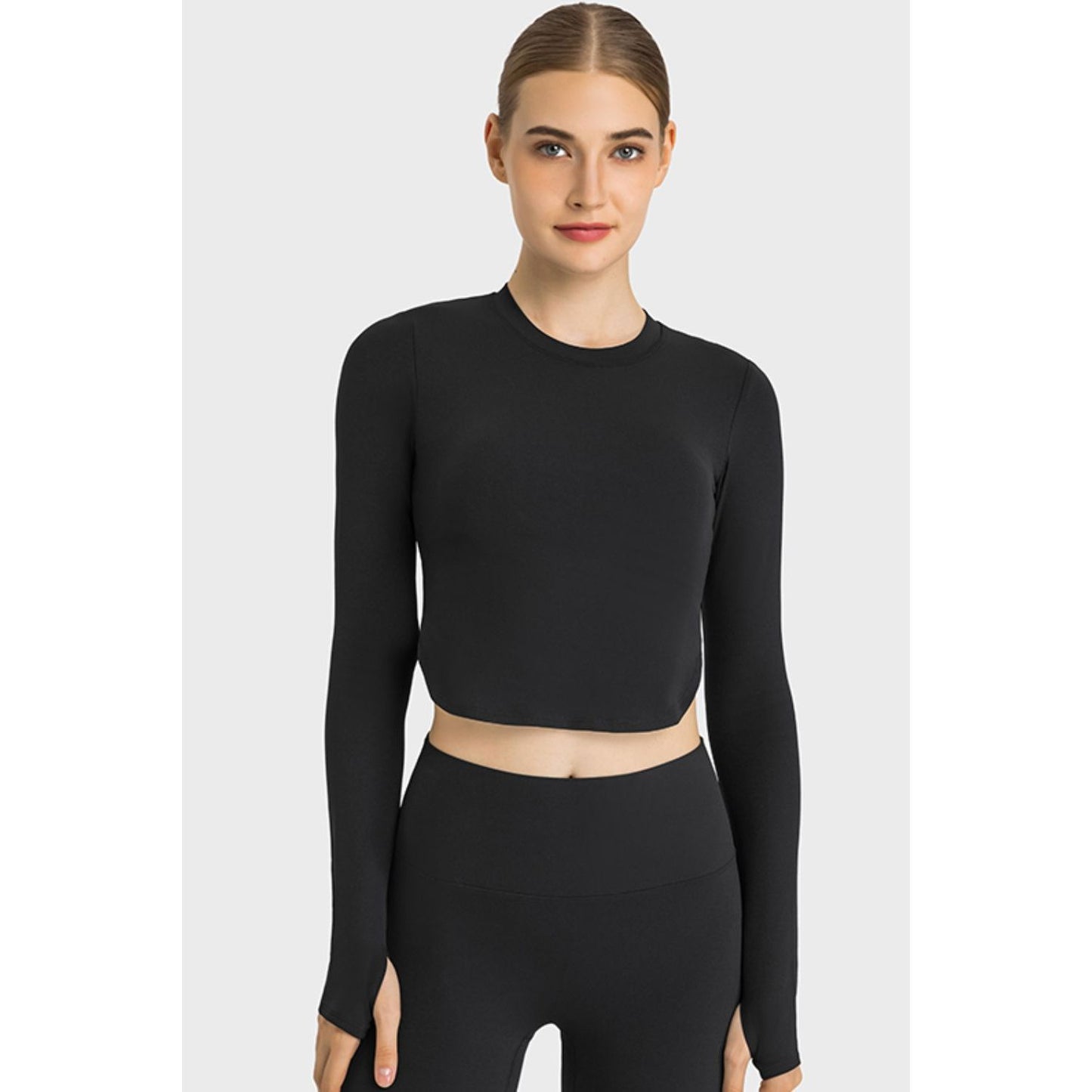 Side Slit Long Sleeve Round Neck Crop Top