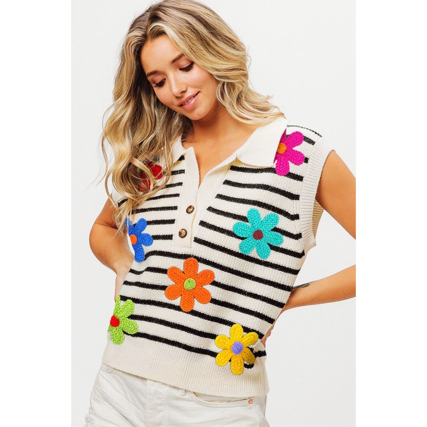 BiBi Flower Patch Striped Half Button Sweater Vest